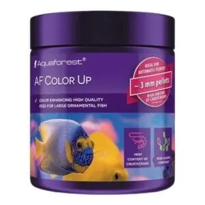 Aquaforest AF Color Up fish food container with colorful fish illustration.