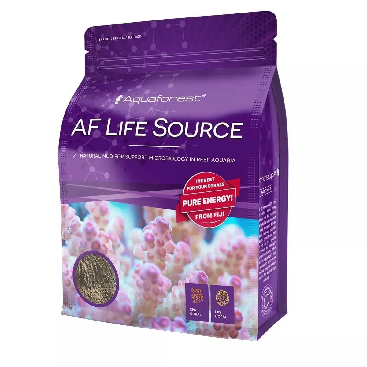Purple Aquaforest AF Life Source package with coral images.