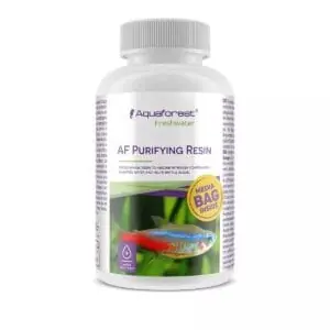 AF Purifying Resin bottle with fish image and media bag sticker.