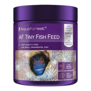 Purple container of AF Tiny Fish Feed for ornamental fish.