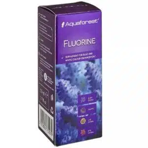 Aquaforest Fluorine aquarium supplement box with coral images.