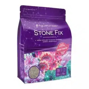 Purple Aquaforest Stone Fix cement-based glue packaging with colorful coral design.