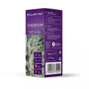 Aquaforest Strontium supplement box with dosage details and coral images.