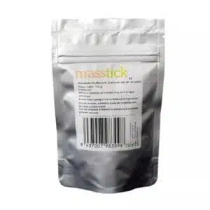 Silver package of Masstick freeze-dried fish food.